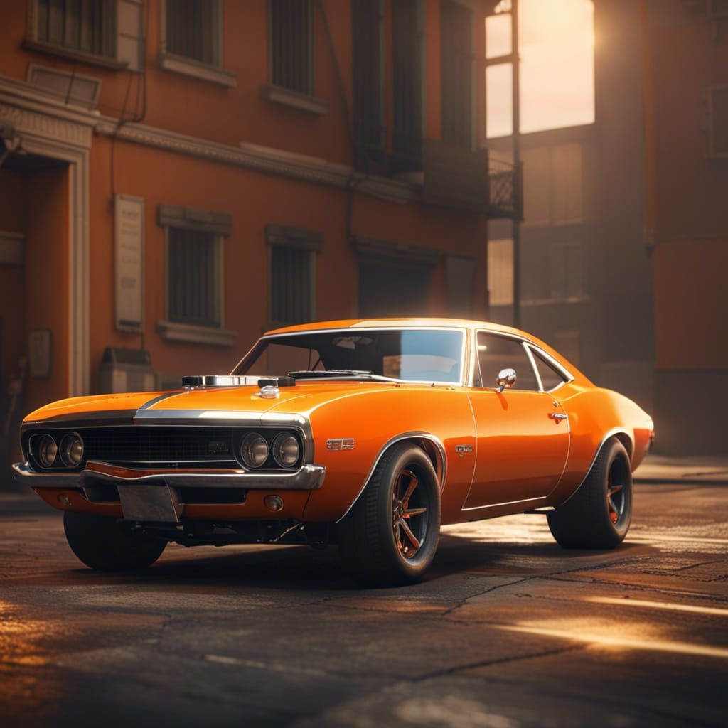 Realistic Orange Muscle Car in 3D Detail
