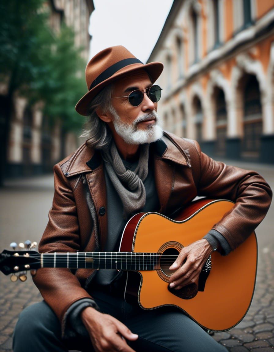 A Rugged Man Plays Guitar in the Park