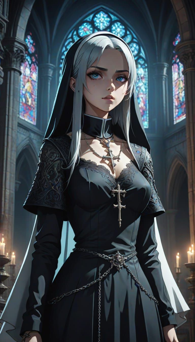 Gothic Anime Nun Illuminated by Moonlight