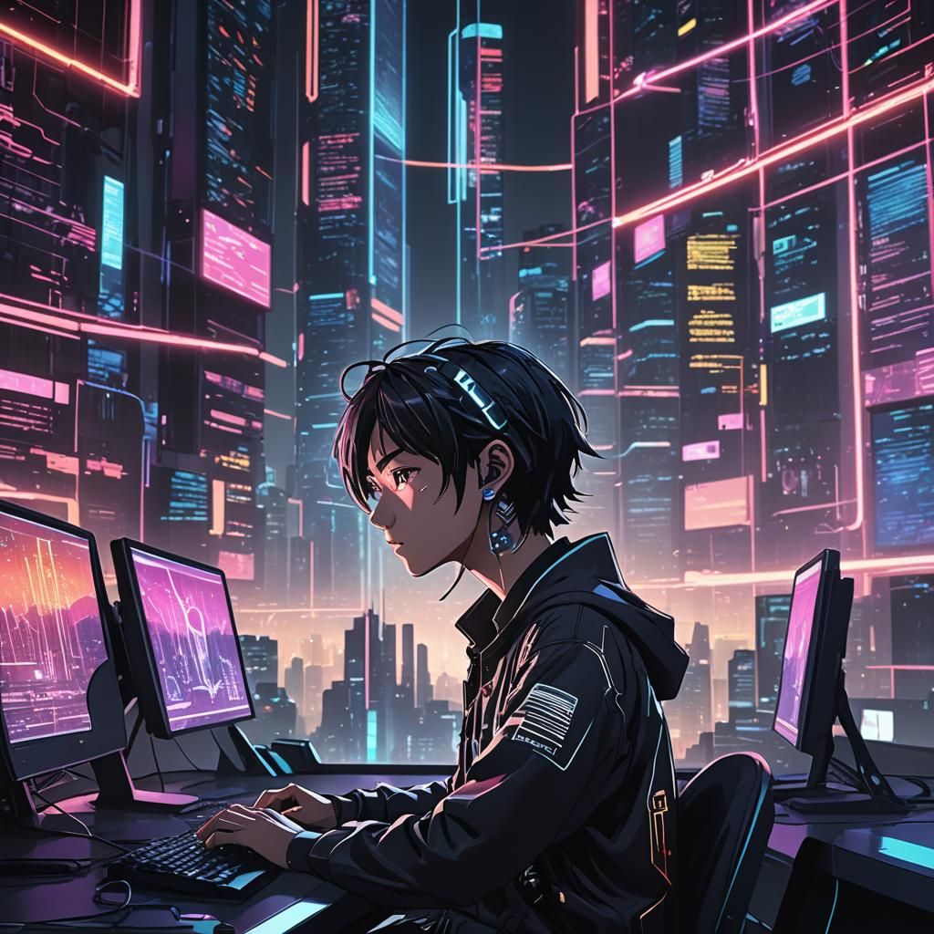 Anime IT Specialist in Cyberpunk Cityscape