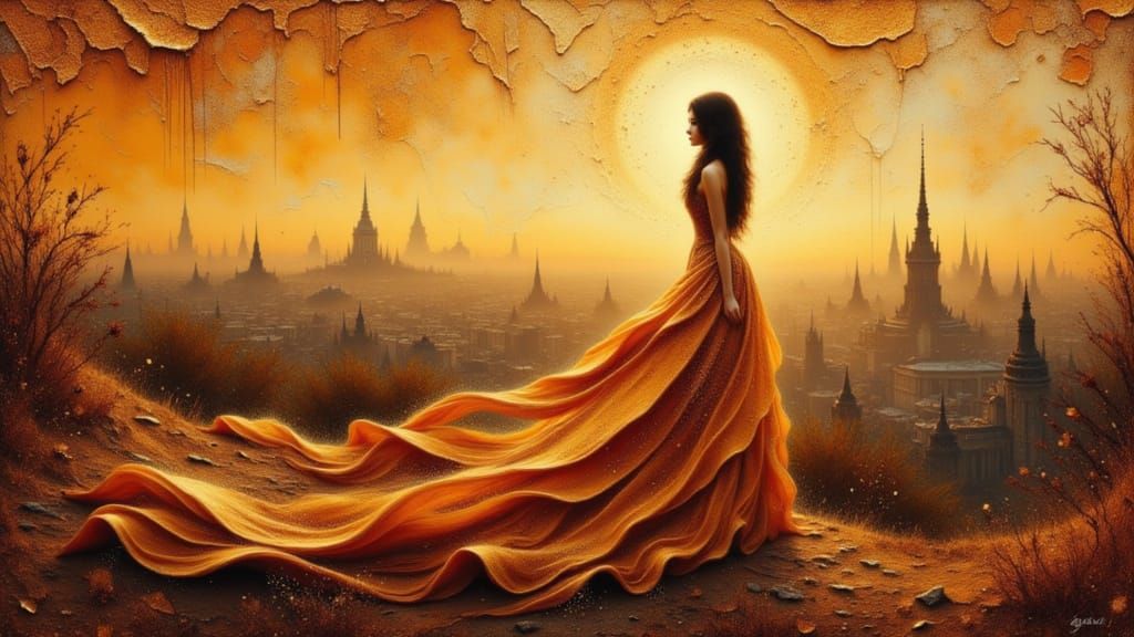 Copper Sunset Over Decaying City in Impasto Style