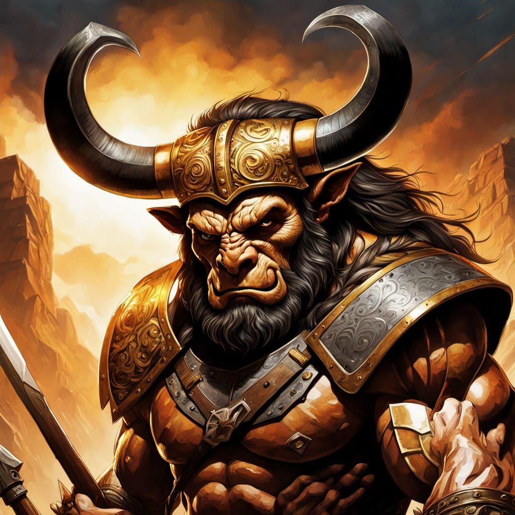 Stoic Minotaur Barbarian Wields Epic Battle-Axe in Golden Li...