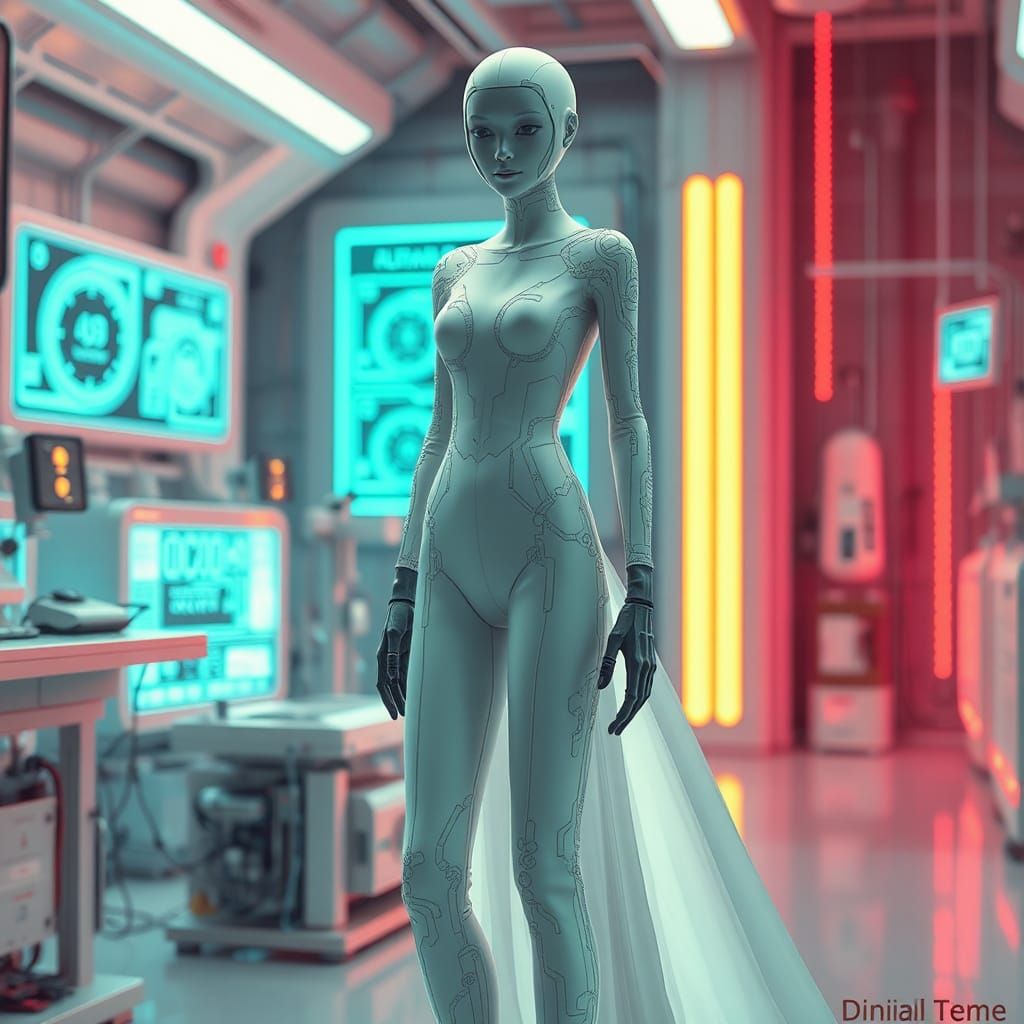 Futuristic Humanoid Figure in Neon Laboratory