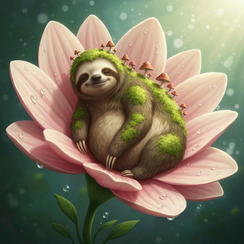 Whimsical Sloth Napping in Giant Flower
