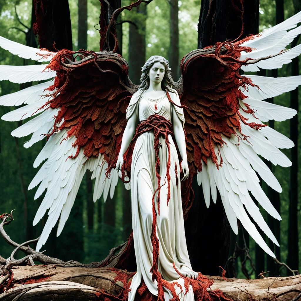 A dirt and blood stained angel with broken wings painfully clings up a massive, gnarled vine that's twisting up the tree...