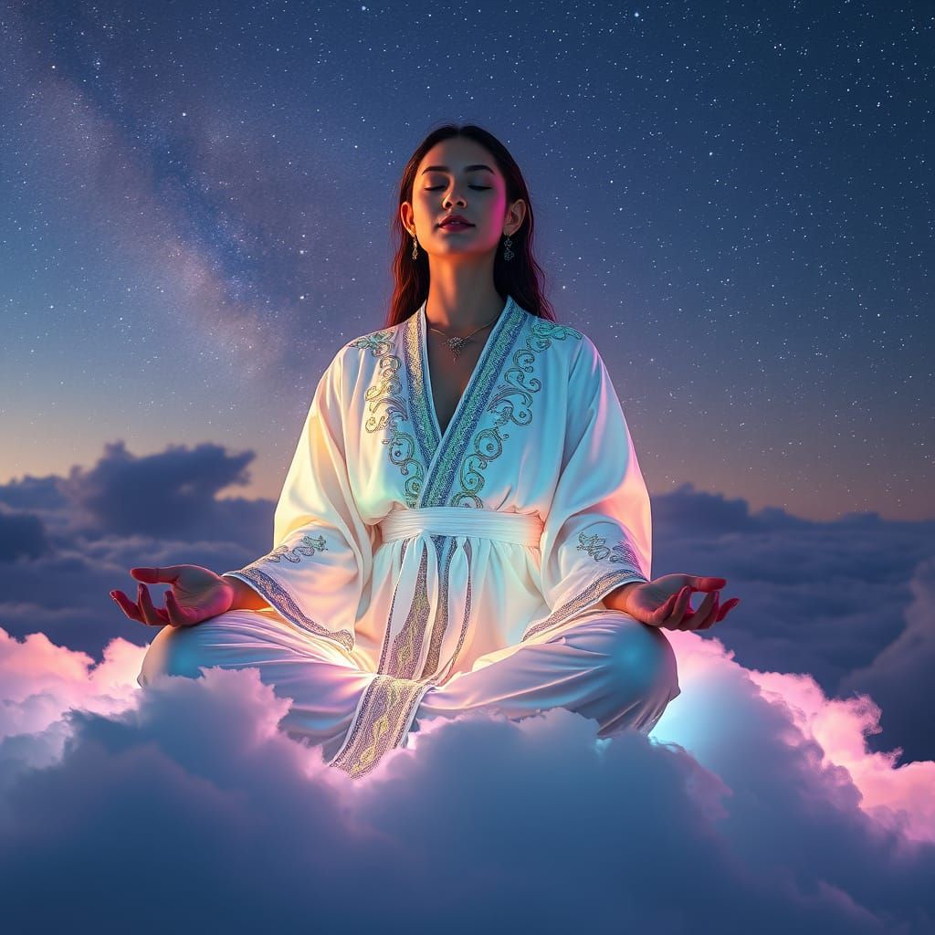 Radiant Woman Meditating on Cloud in Starry Sky