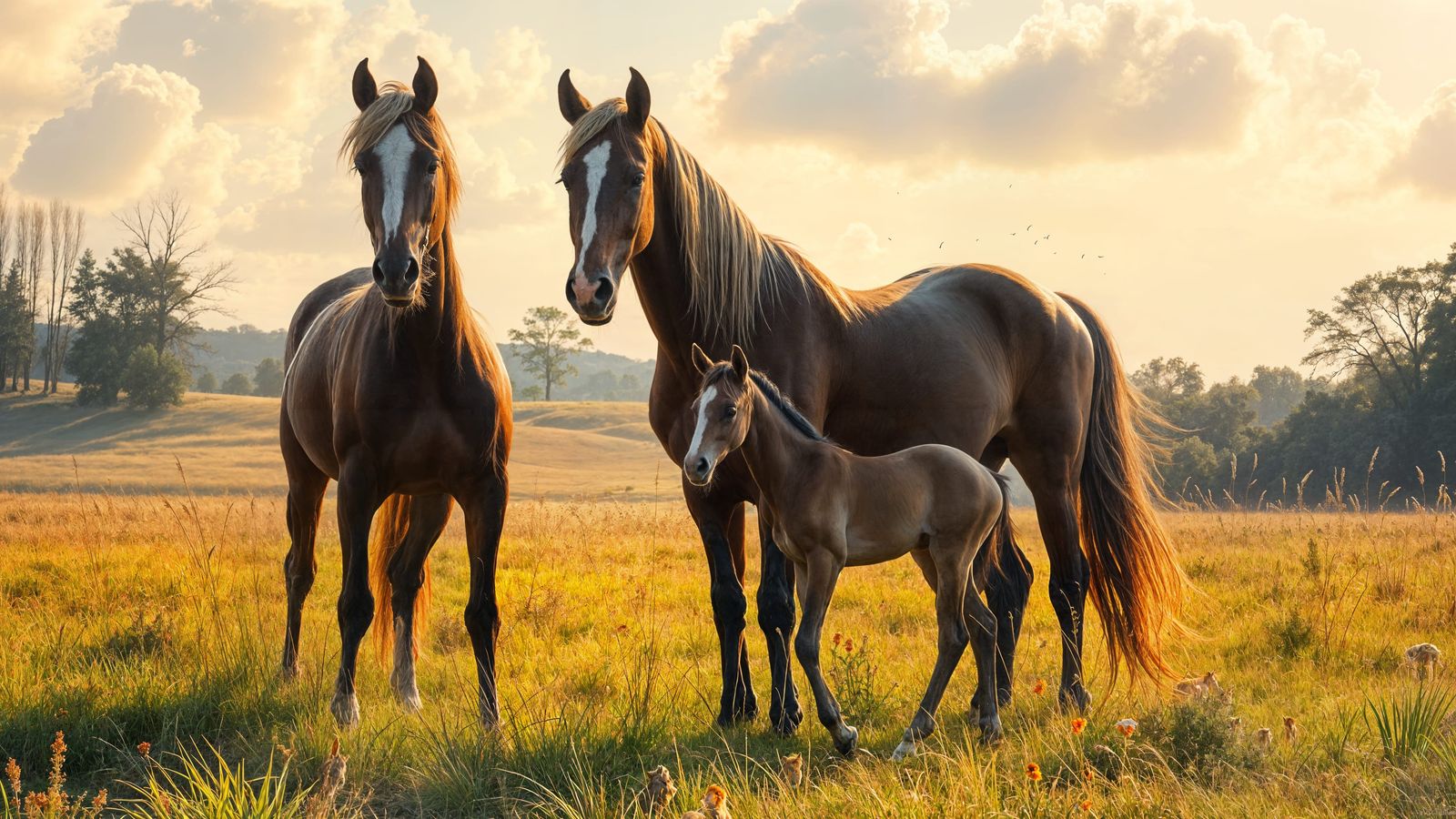 Three Generations of Horses in a Golden Meadow