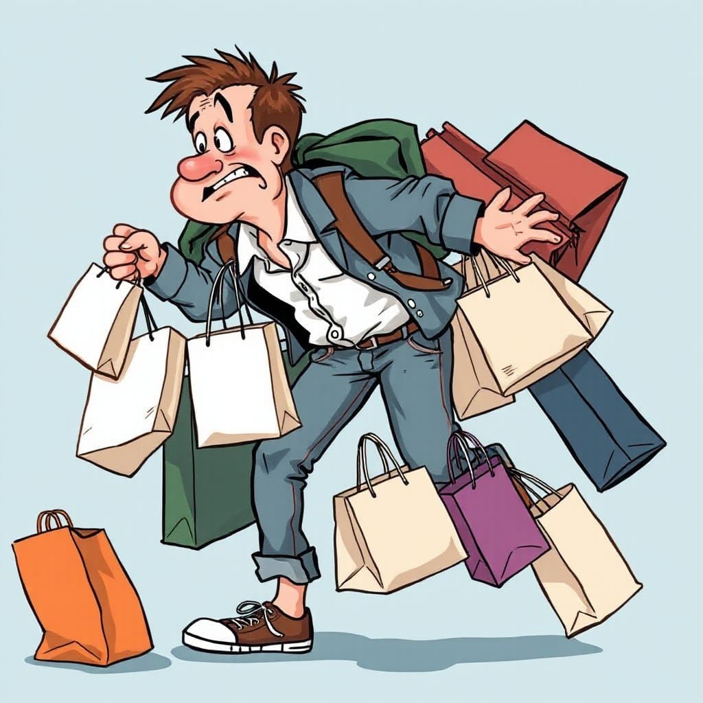 Overwhelmed Shopper Cartoon in Whimsical Style
