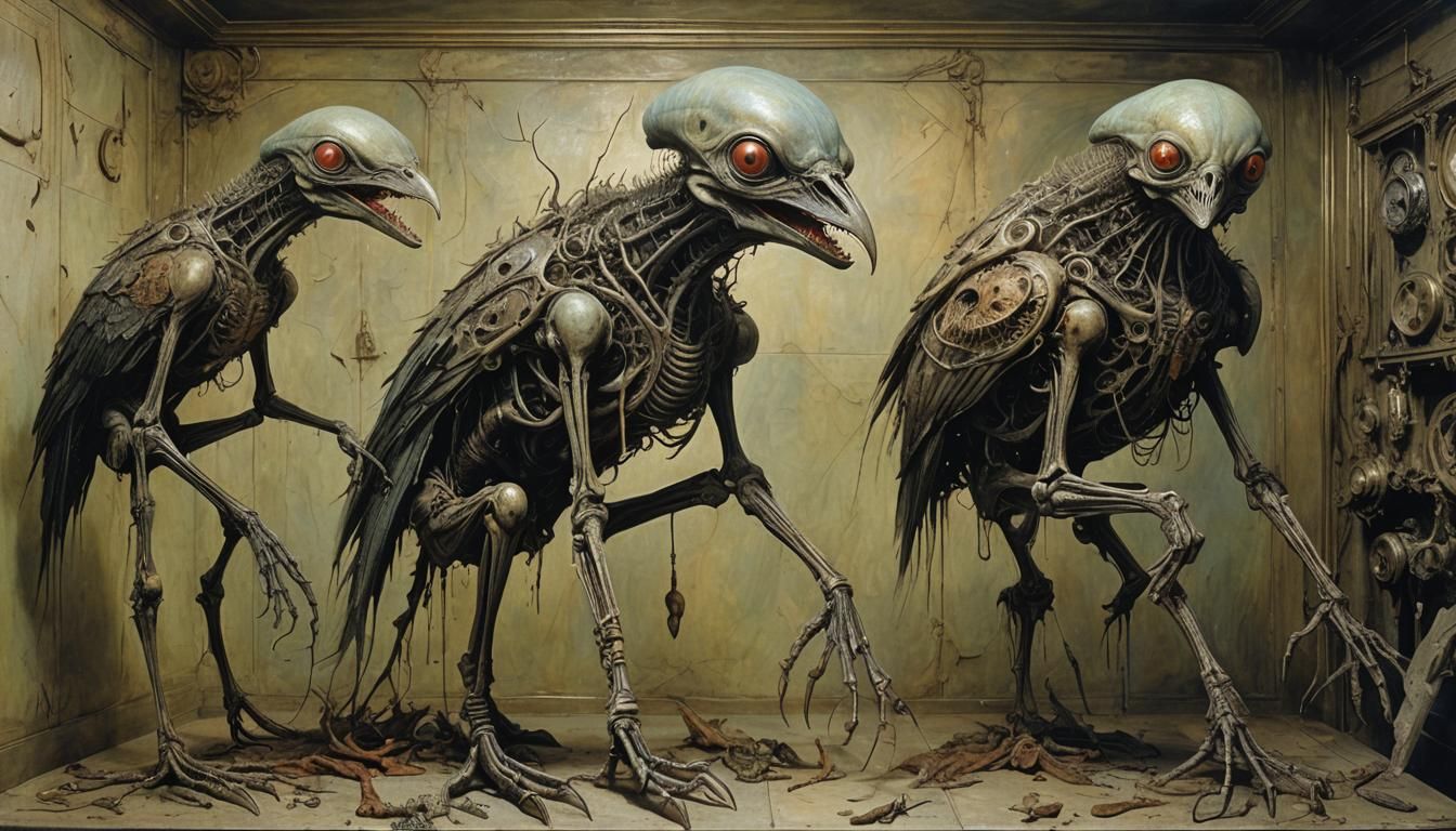 Surreal Alien Bird Creatures in Steampunk Style