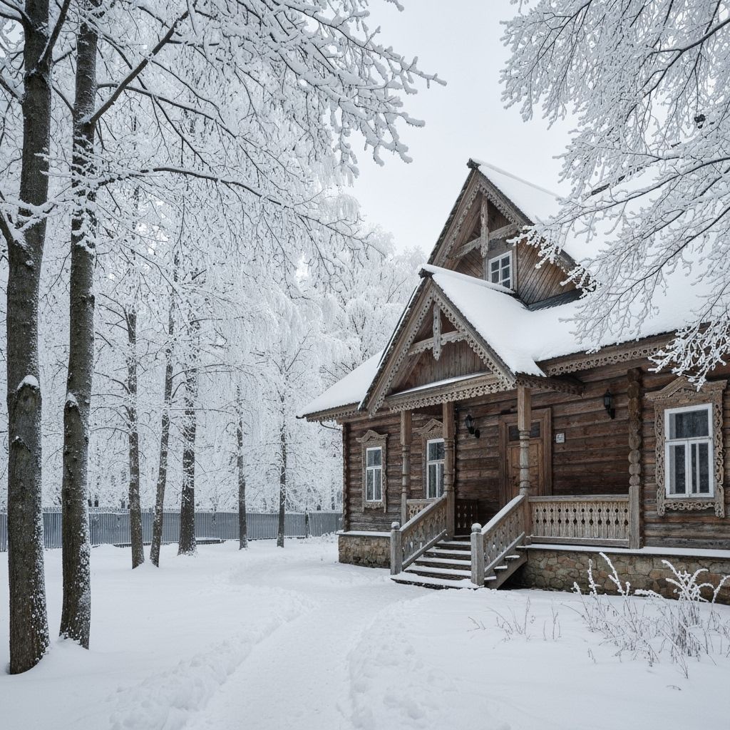 Rustic Wooden House in Snowy Forest Landscape