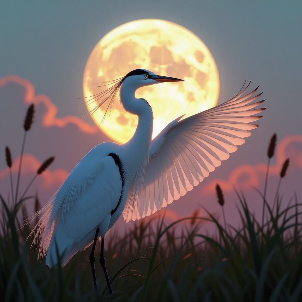 White Heron Hunting Pose in Ethereal Evening Light