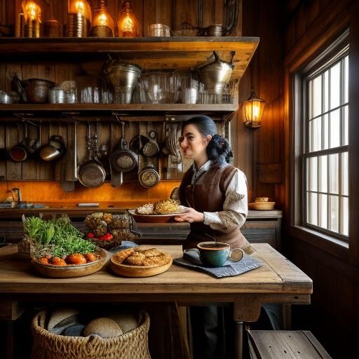 Steampunk Kitchen Scene with Rustic Food Still Life
