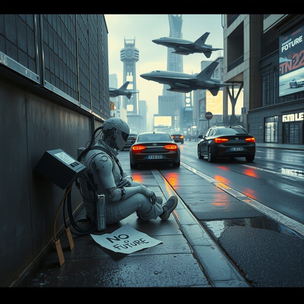 Cyborg Beggar in Dystopian Future City