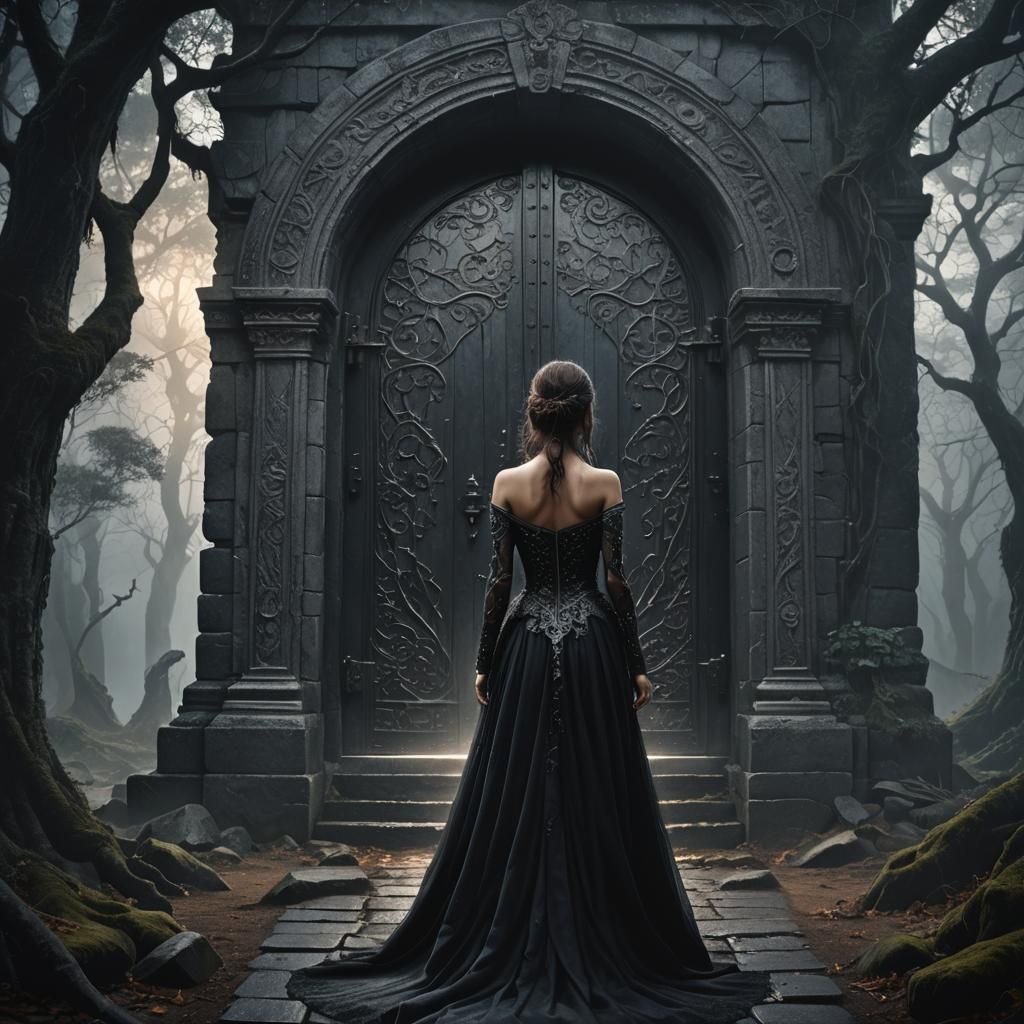 Woman in Black Gown in Mystical Forest