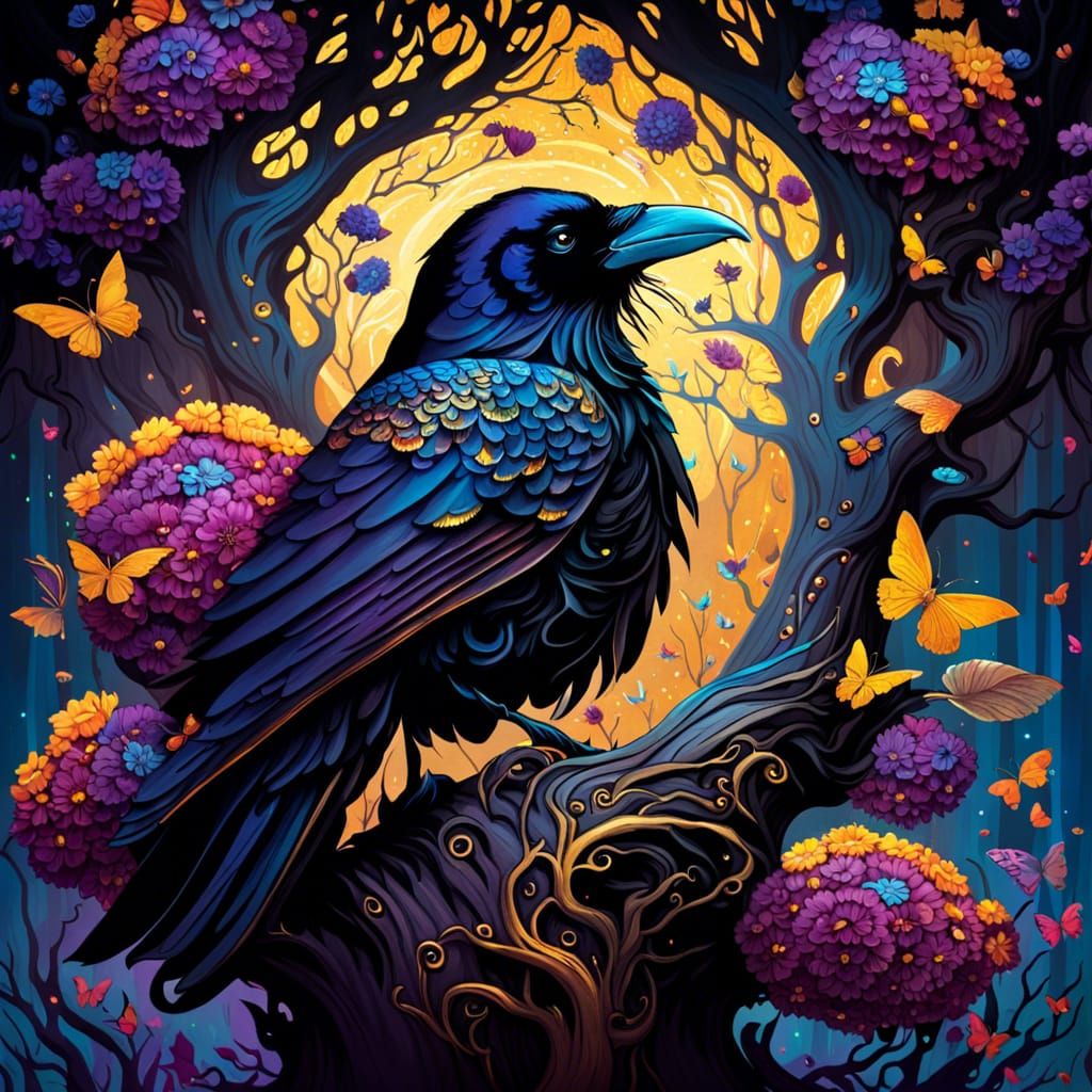 Raven in Floral Fantasy Art, Vector Style