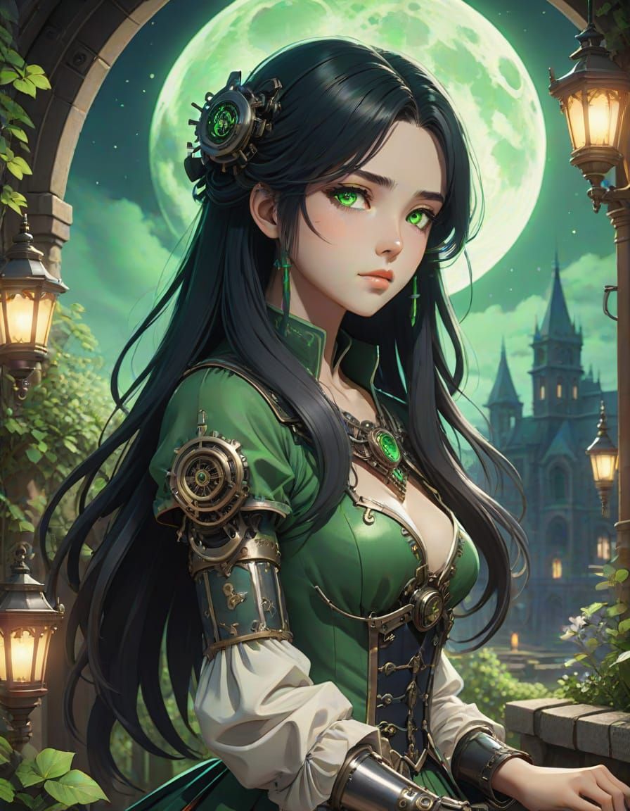 Romantic Steampunk Goddess in a Moonlit Garden