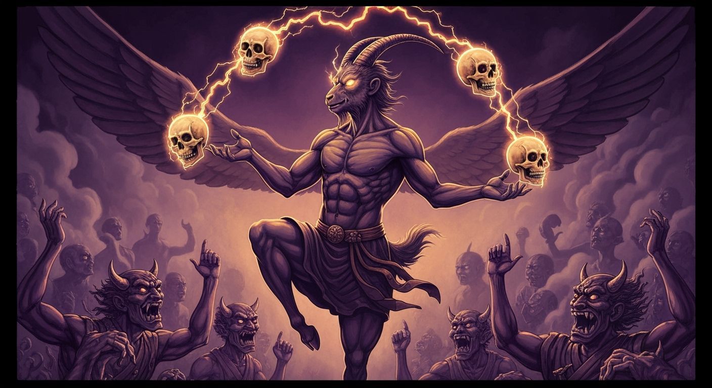 Celestial Goat Juggling Electric Skulls in Dark Fantasy Styl...