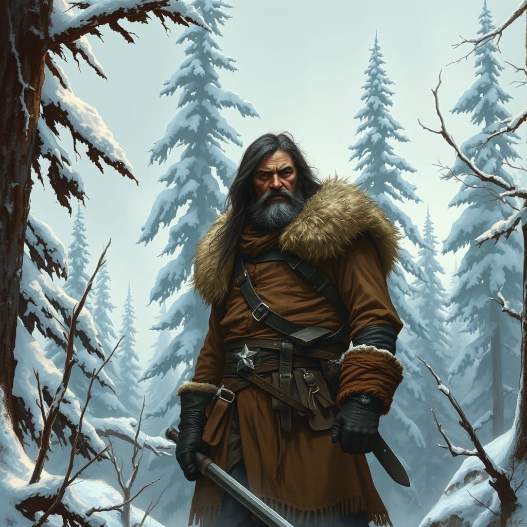 Snowy Forest Wanderer in Fantasy Illustration Style