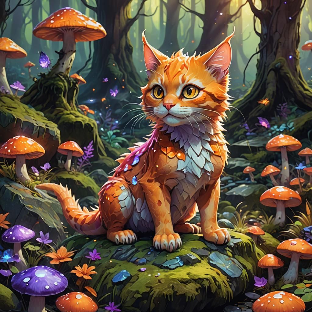 Orange Dragon Cat in Mystical Forest, Digital Art