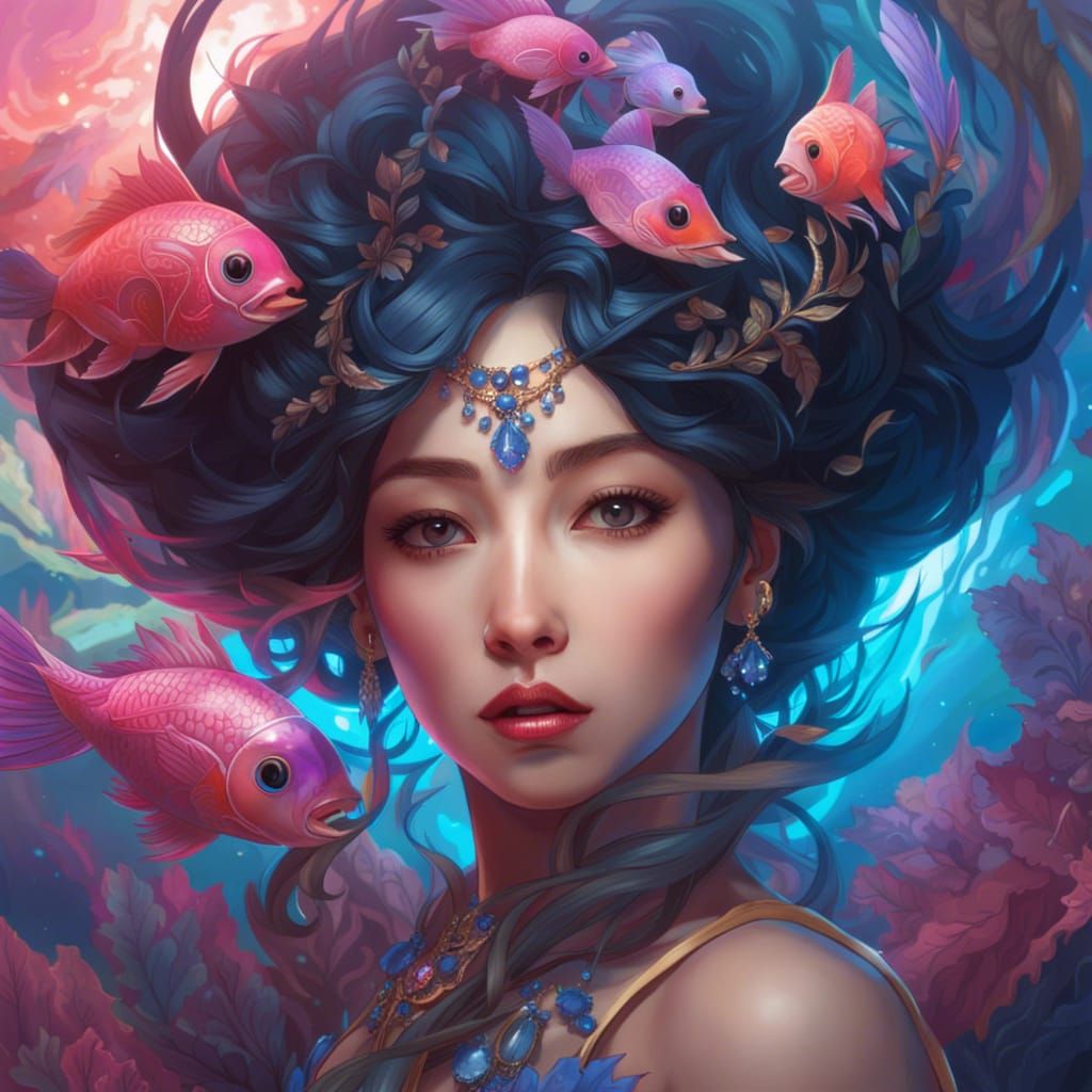 Goddess Portrait with Ram Skull Crown and Bioluminescent Det...