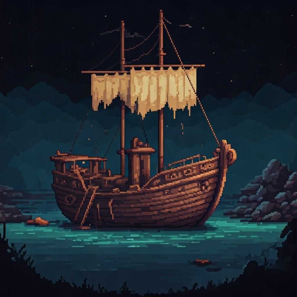 wrecked raft, pixel art