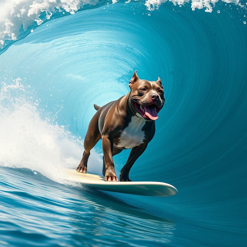 Vibrant Surfing Blue Pitbull Dog Rides Majestic Ocean Wave