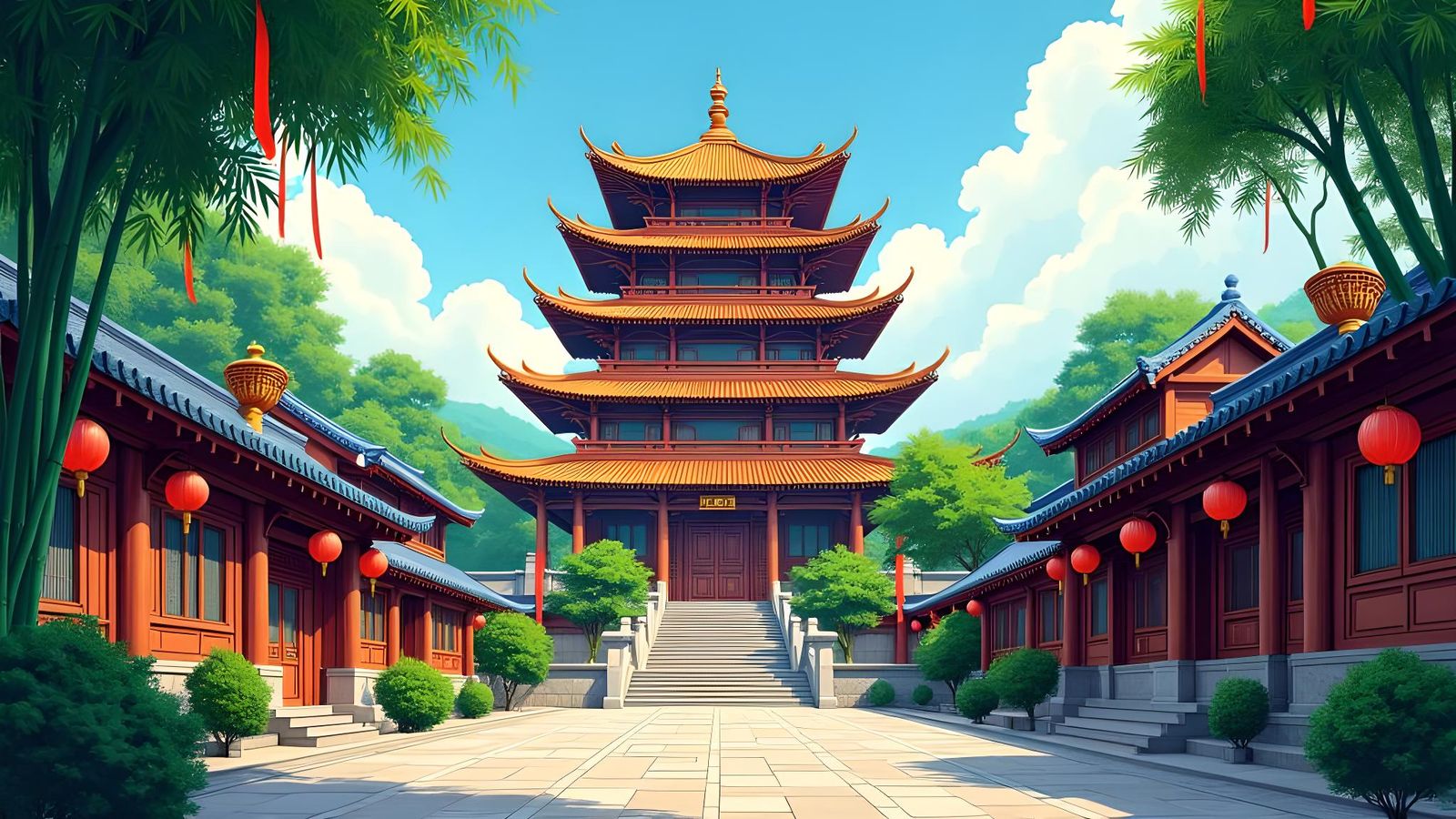 Chinese Village Square with Temple in Comic Book Art
