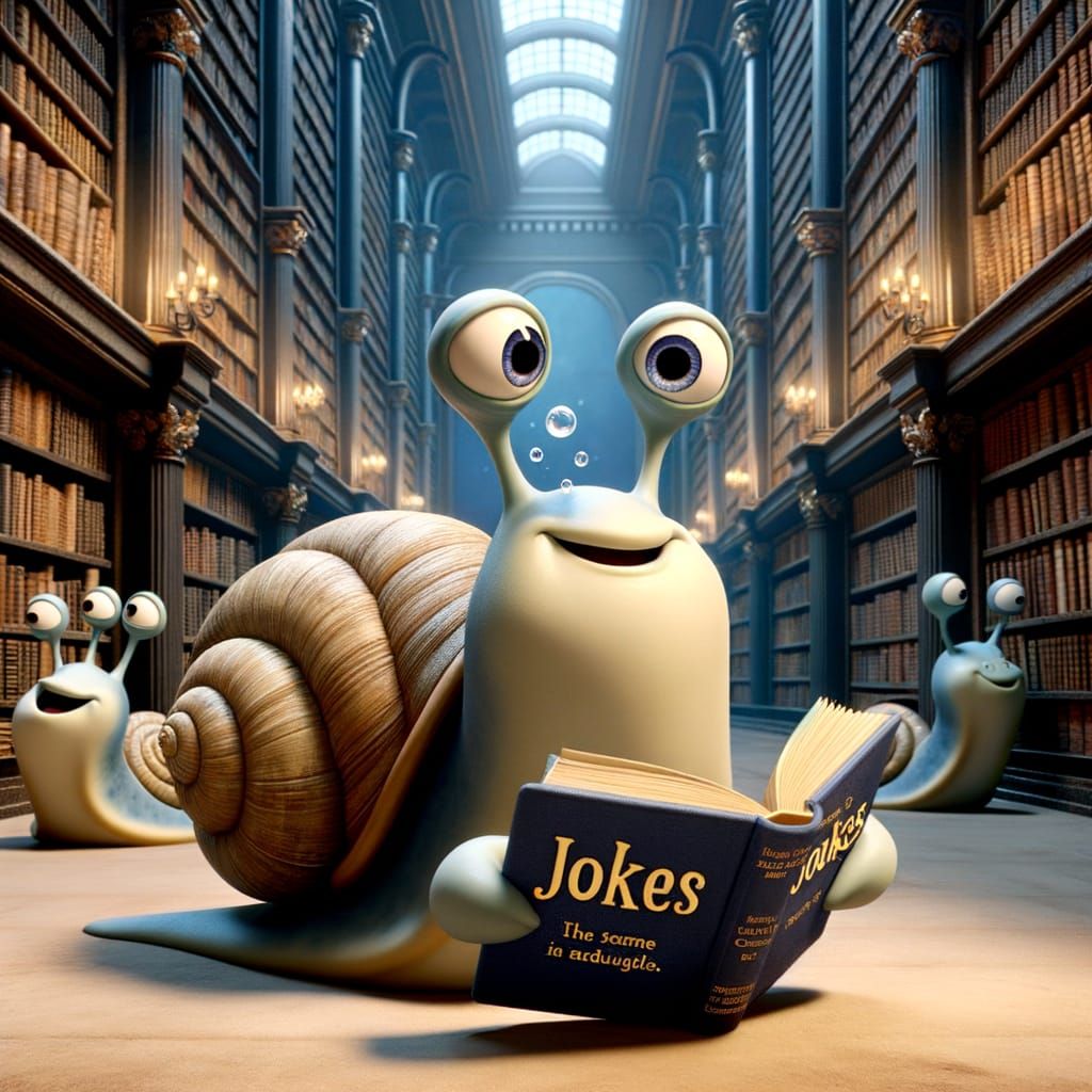 Cartoon Snail's Literary Adventure in Grand Library