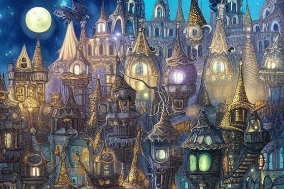 Steampunk Lycanthrope City Under Moonlight, Anime Style