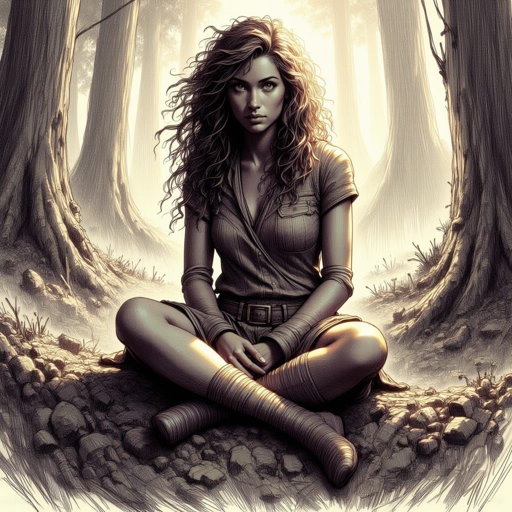 <lora:Vesania:1.0>emotive sketch, resilient young female war...