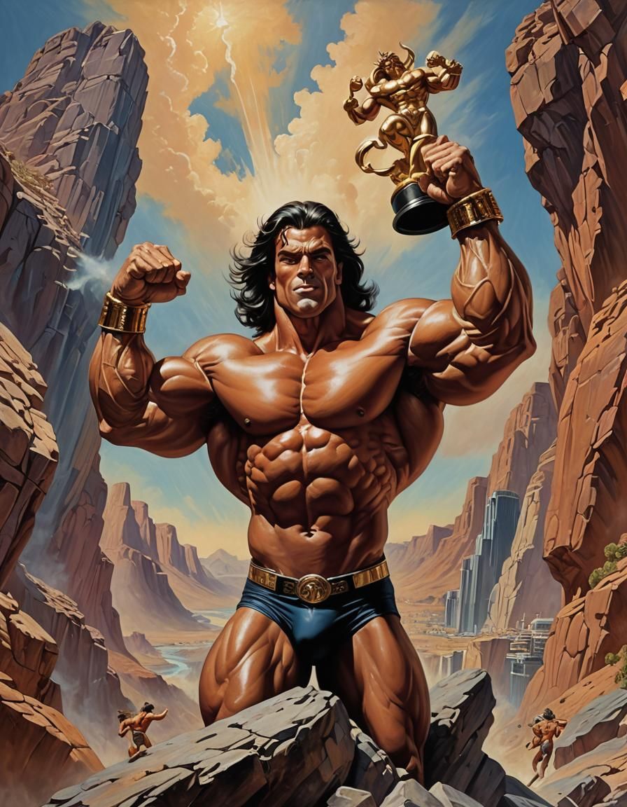 Victorious Bodybuilder in Retro-Futuristic Landscape