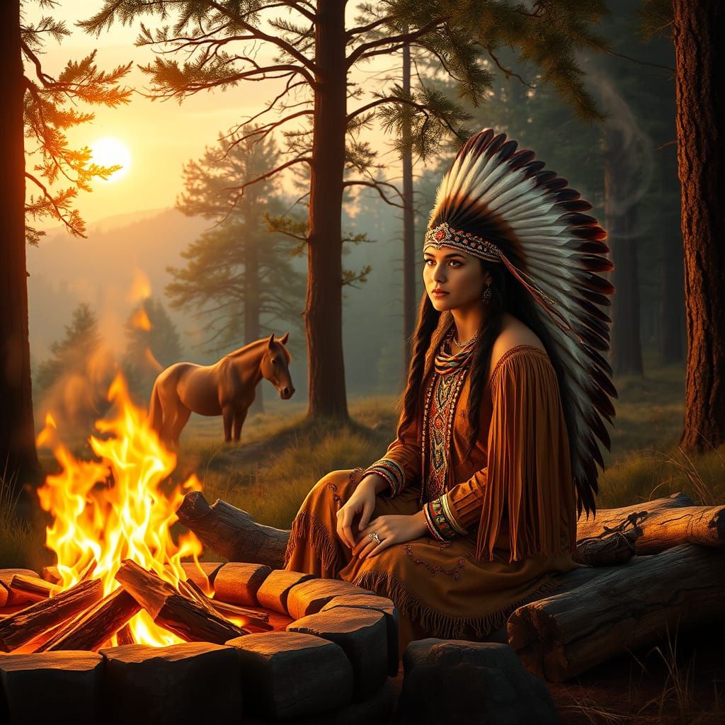 Native American Woman Surrounded by Nature in a Dreamlike Ch...