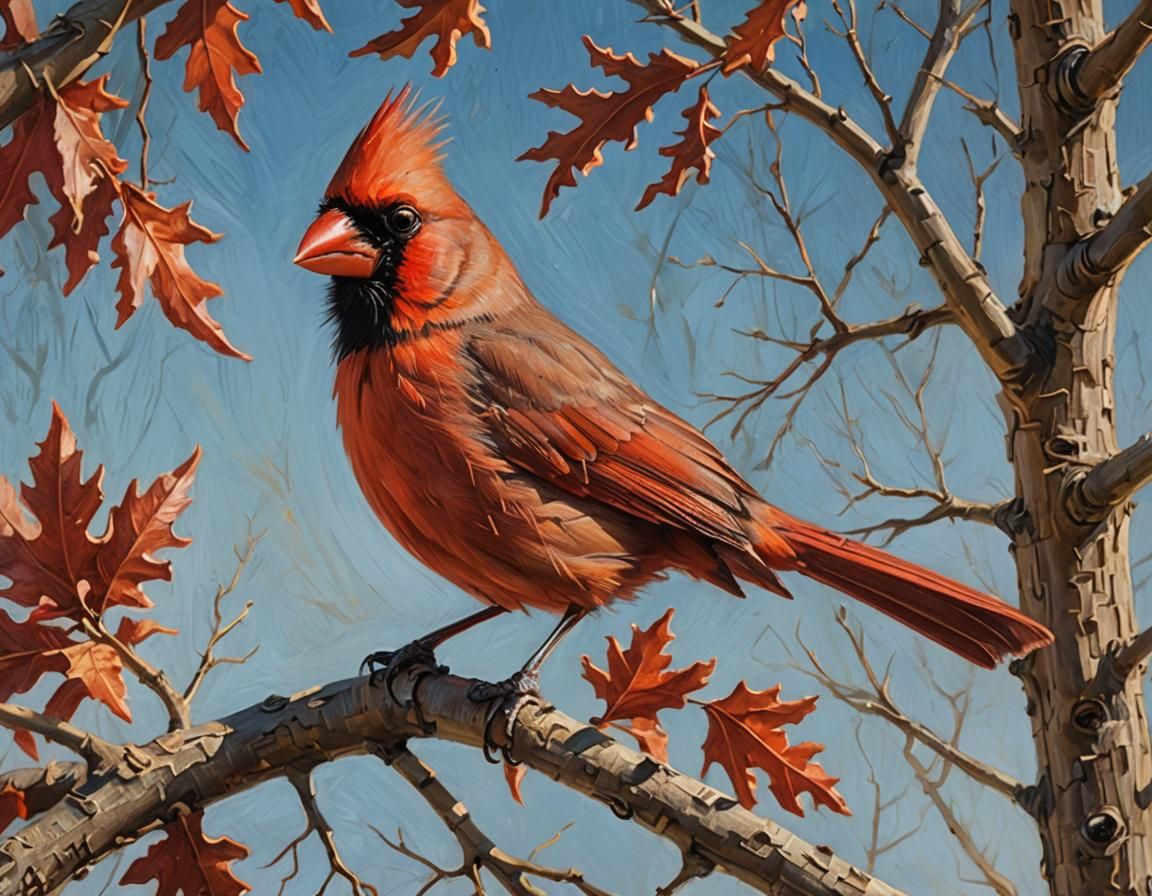 An oil painting of a male cardinal perched om an oak branch,...