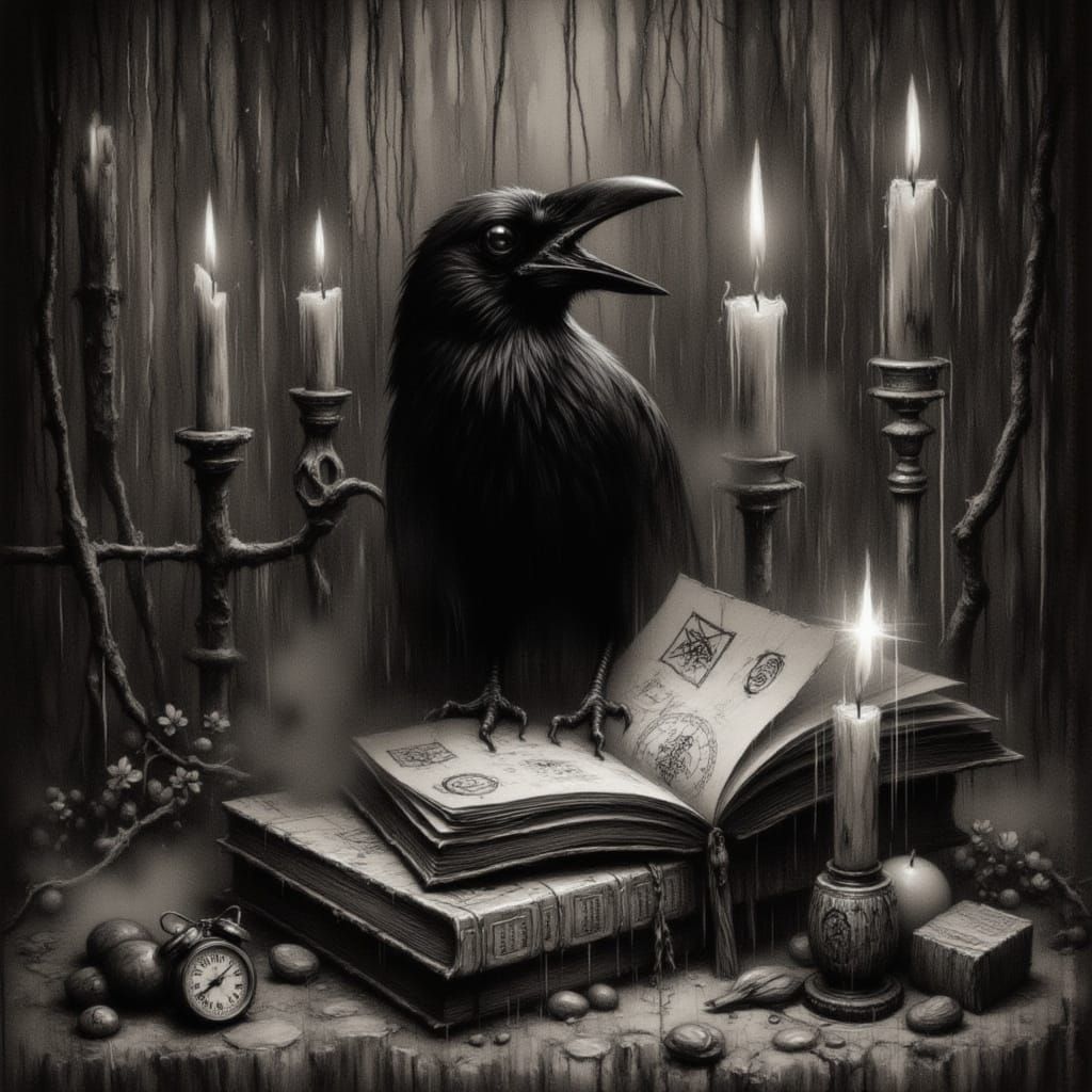Dark Raven and Glowing Spellbook in Charcoal Style