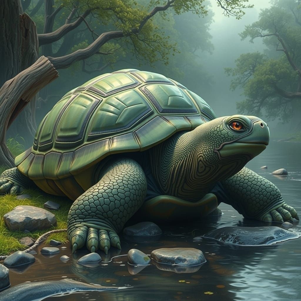 Ancient Green Turtle on Riverbank in Vibrant Earthy Colors