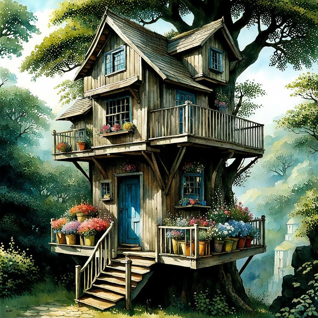 Rustic Treehouse with Flowers: Intricate Detailed Art