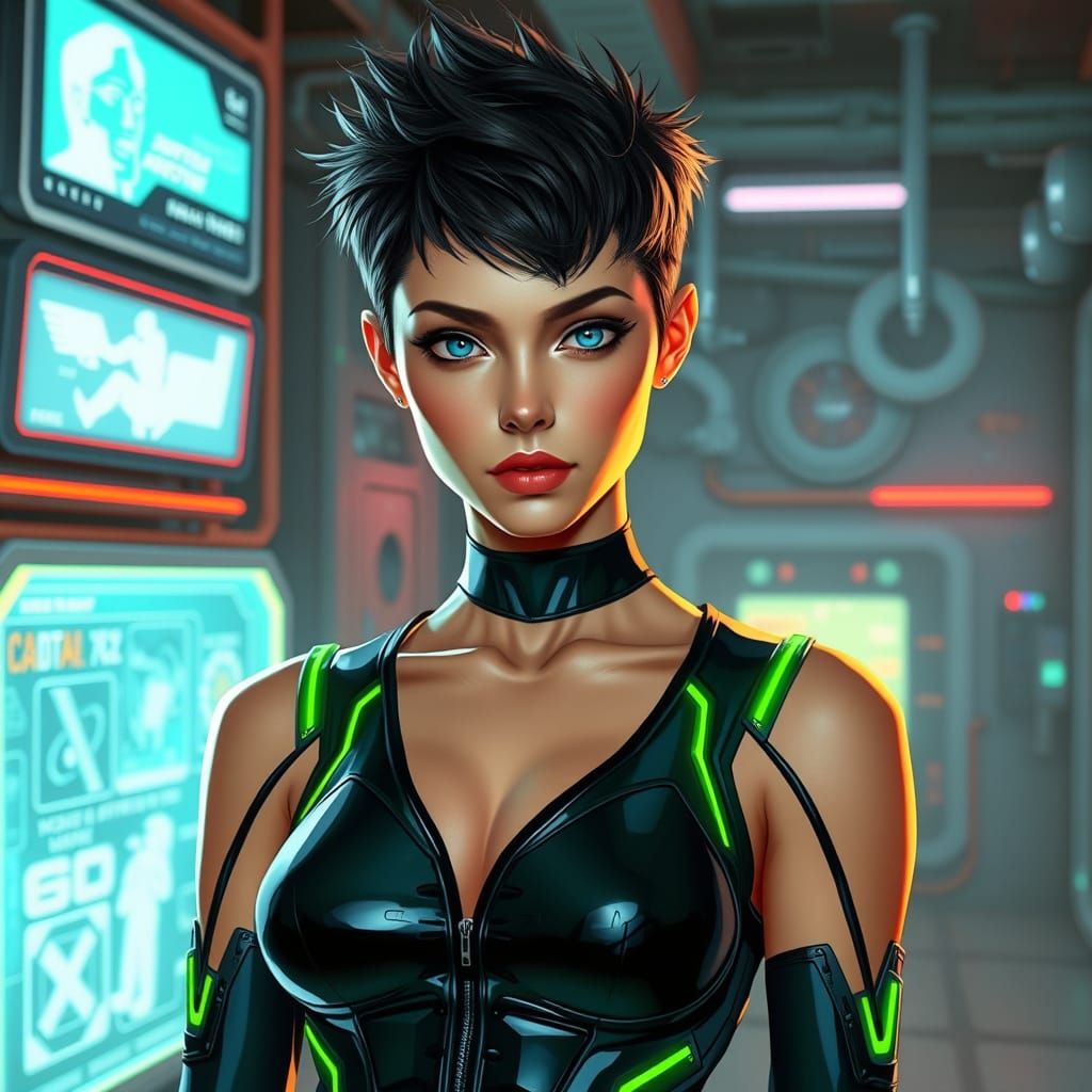 Futuristic Cyberpunk Woman in Industrial Laboratory
