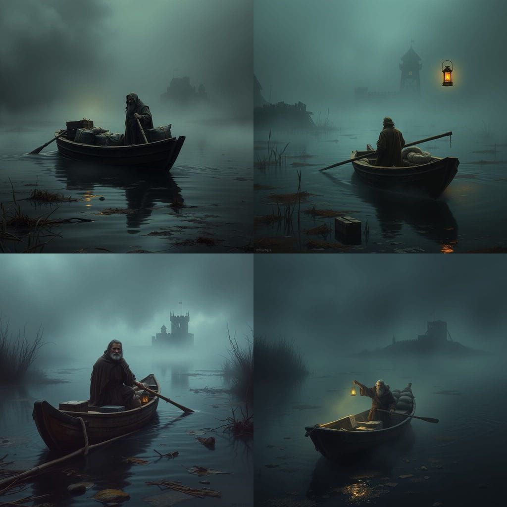 Ferryman Navigates Fog-Shrouded Medieval River