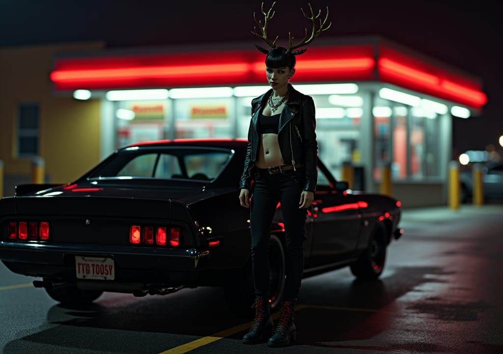 Antlered Woman with Muscle Car in Editorial Style