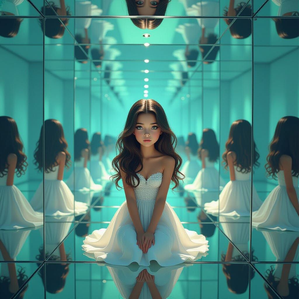 Surreal Mirror Room With Brunette Girl