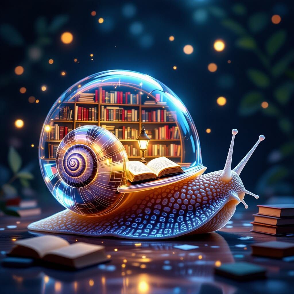 Crystal Snail Shell Library: A Magical Digital Artwork