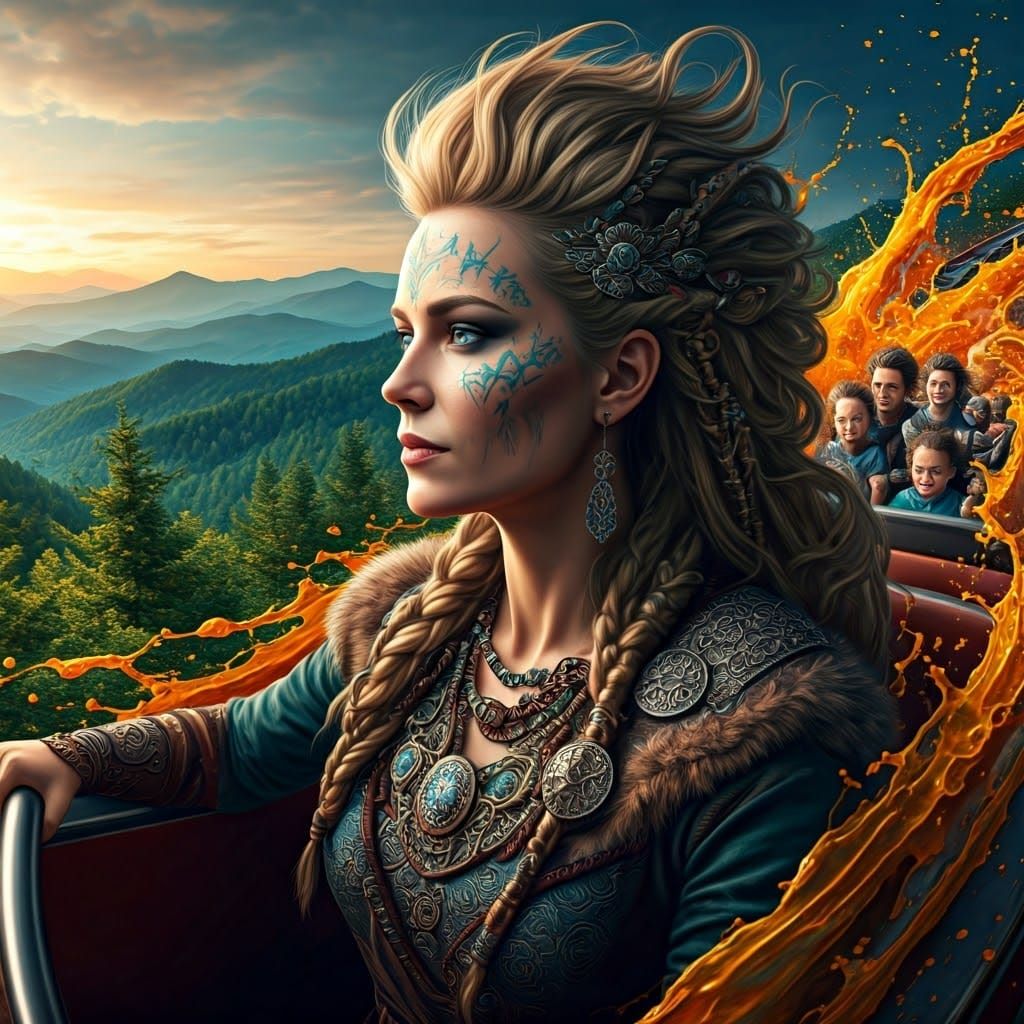 Nordic Viking Family on Rollercoaster in Hyperrealism Style