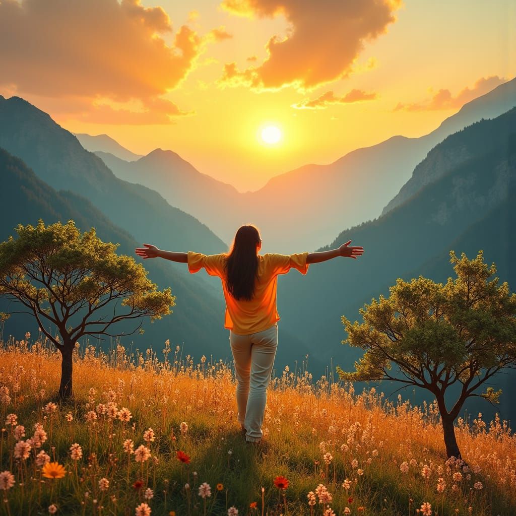 Person Reaching for Sunrise Over Mountain, Matte Painting