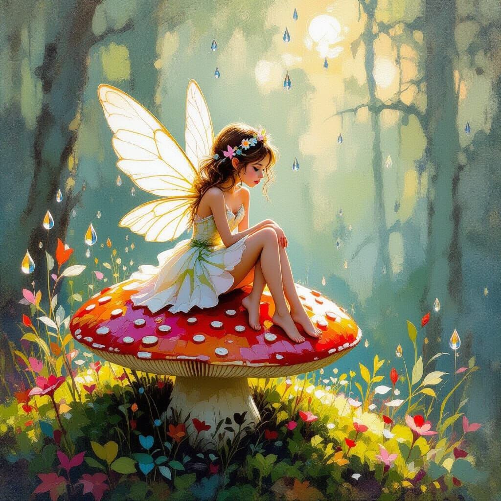 Delicate Fairy on Mushroom, Neo-Impressionist Style