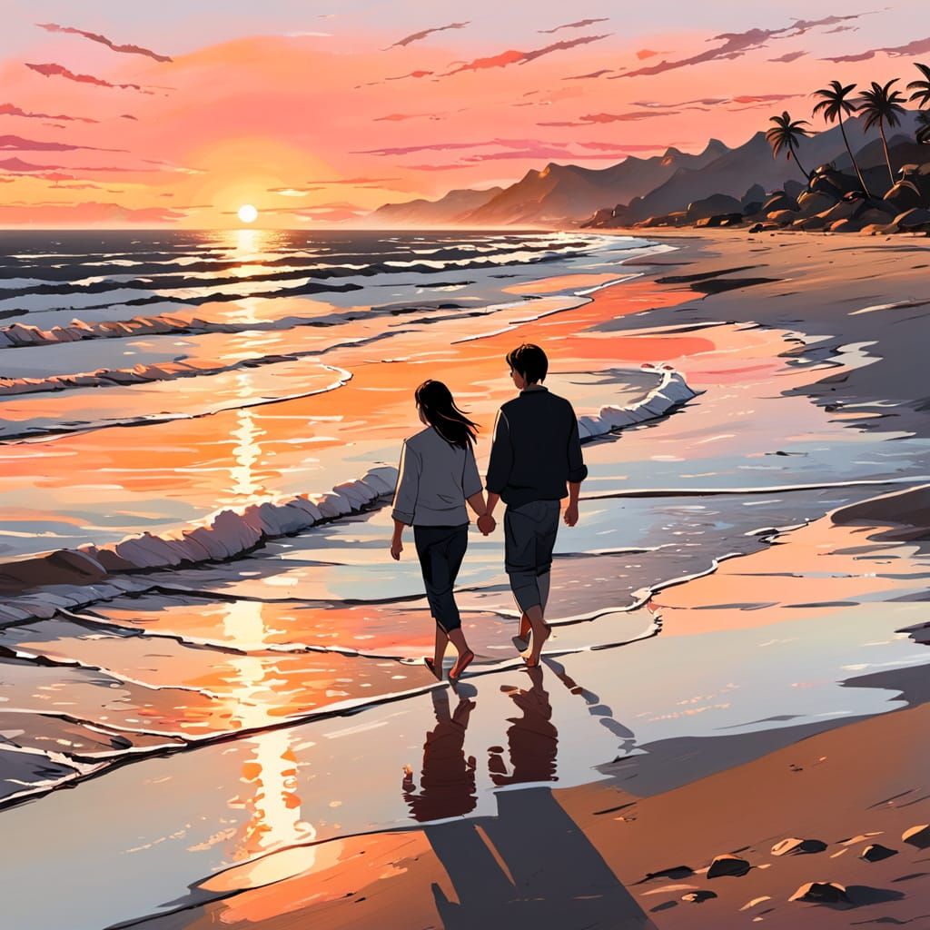 Romantic Beach Stroll at Sunset