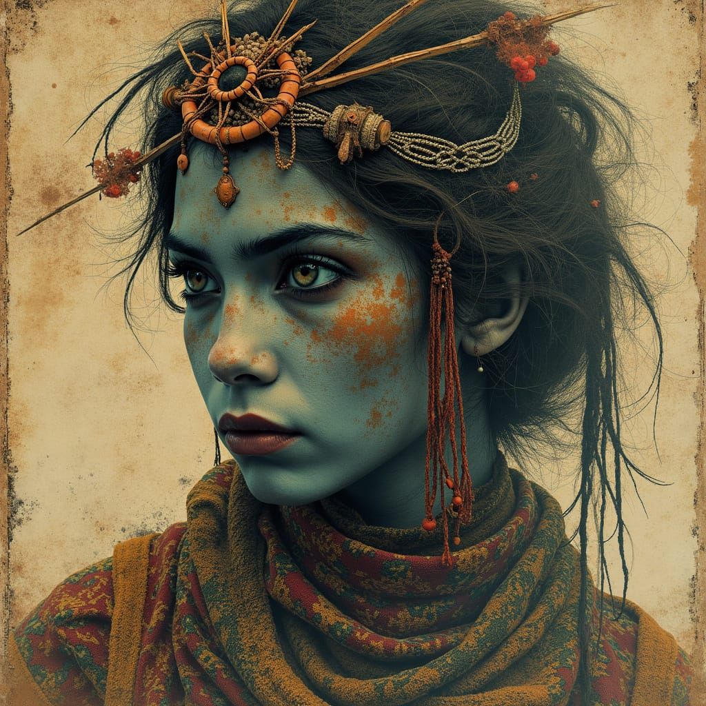 Tribal Warrior Woman in Cosmic Landscape