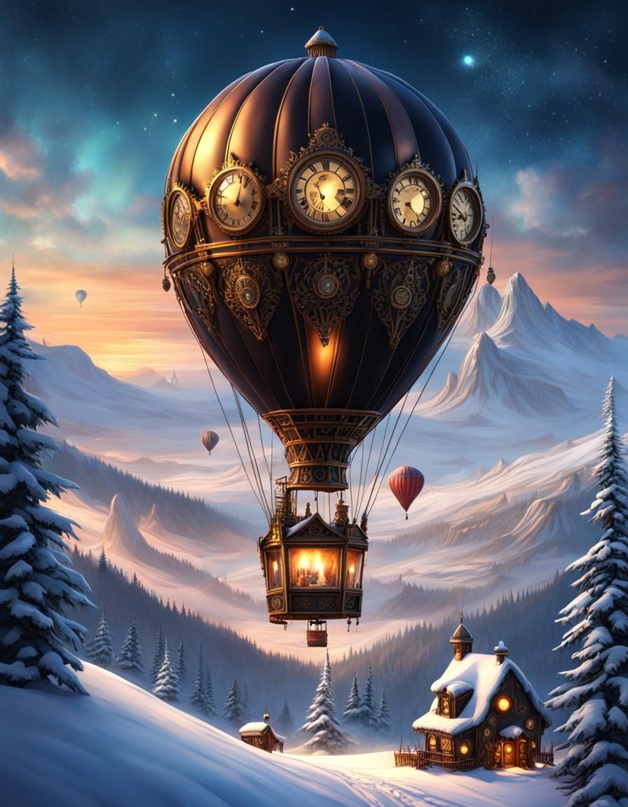 Steampunk Hot Air Balloon Over Snowy Mountains