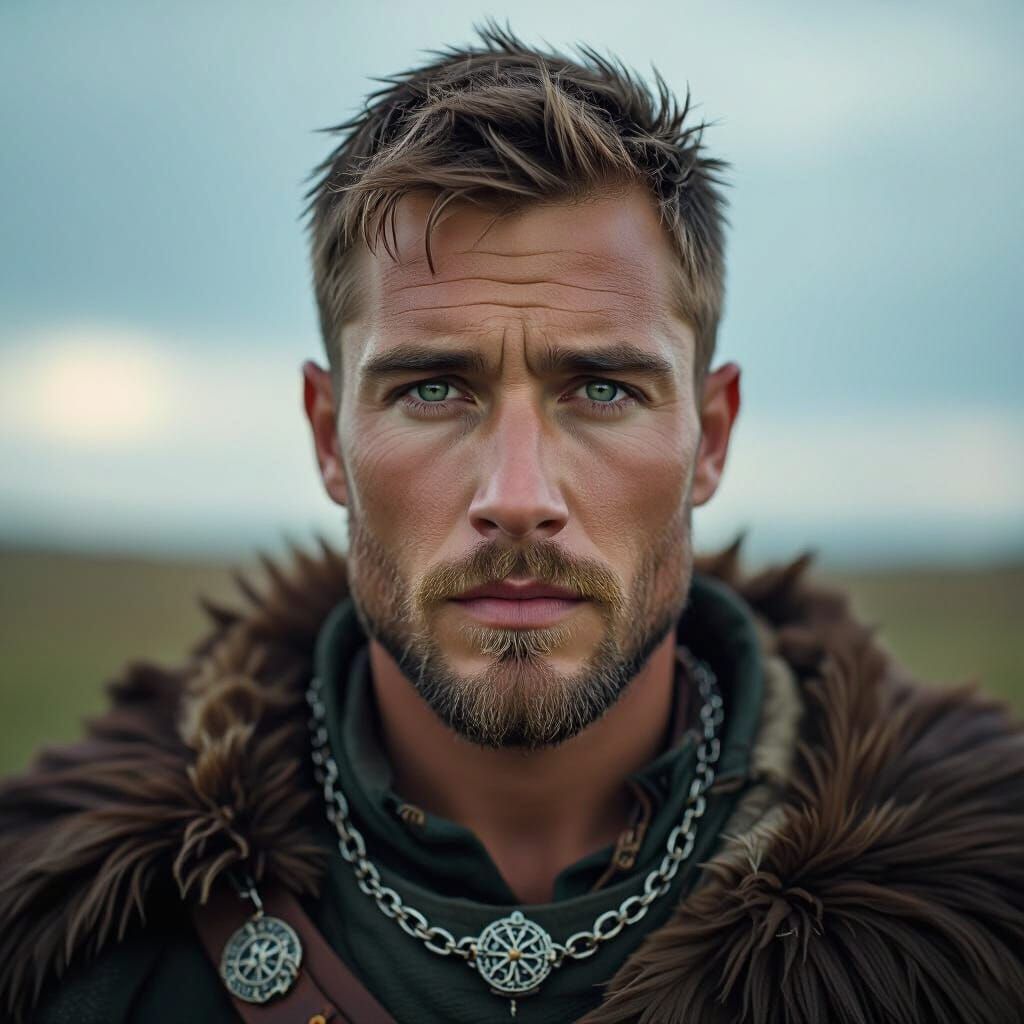 Norse Nomad with Green Eyes in Cinematic Film Still