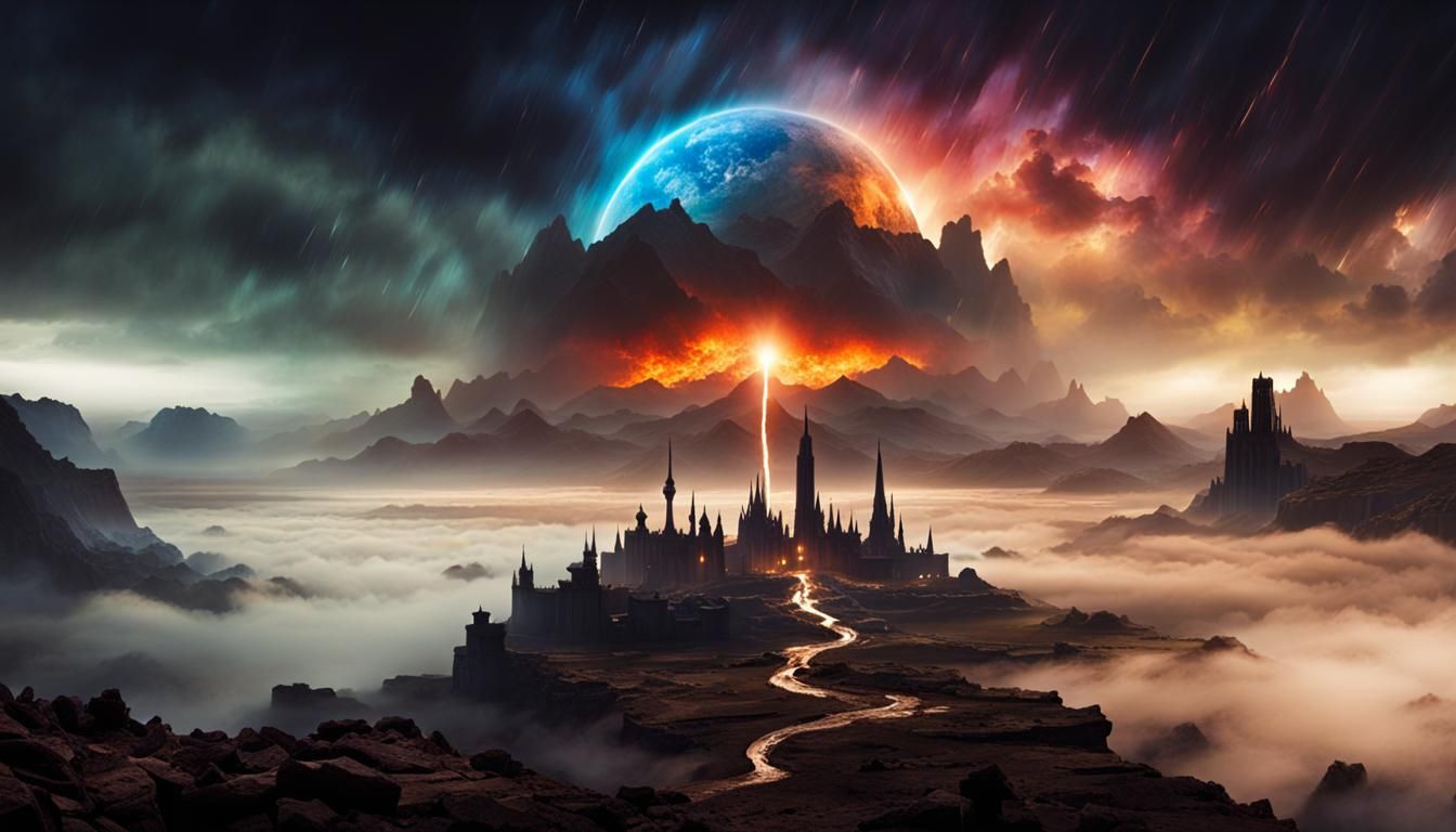 Alien Ruins Under Storm, Digital Watercolor Illustration