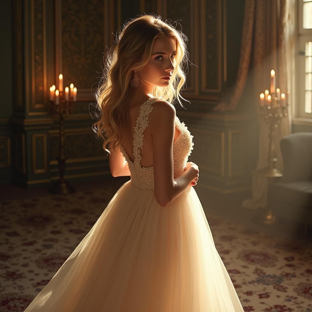 Woman in Blue Dress Under Moonlight and Stars